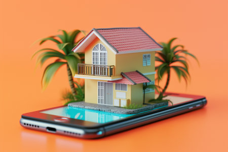 real estate concept house and smartphone 3d model elements on backgroundの素材