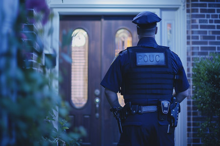 The police standing in front of the door of the houseの素材