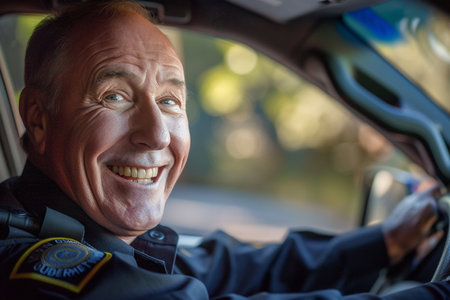 male police driving in the car bokeh style backgroundの素材