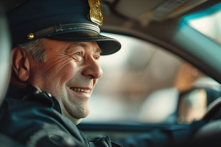 male police driving in the car bokeh style backgroundの素材