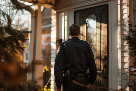 The police standing in front of the door of the houseの素材