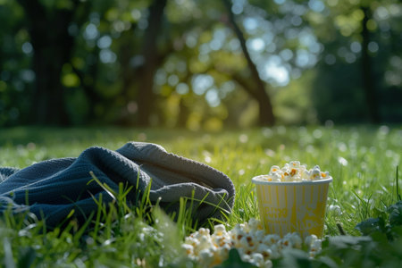 Popcorn bucket in the grass yard bokeh style backgroundの素材