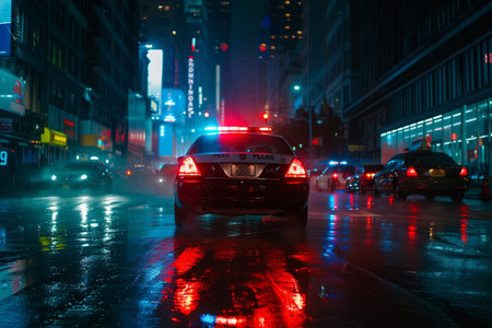 police car on the road at nightの素材