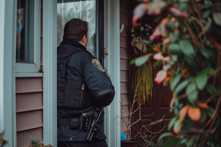 The police standing in front of the door of the houseの素材