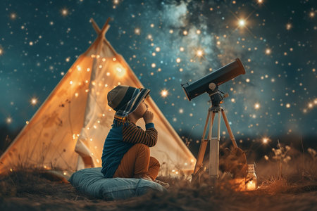 young boy kid camping and stargazing bokeh style backgroundの素材