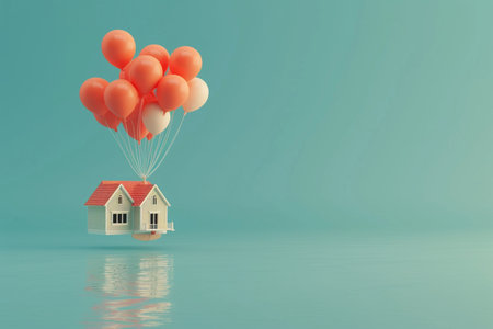 real estate concept house and balloon 3d model elements on backgroundの素材