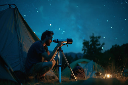 a man camping and stargazingの素材