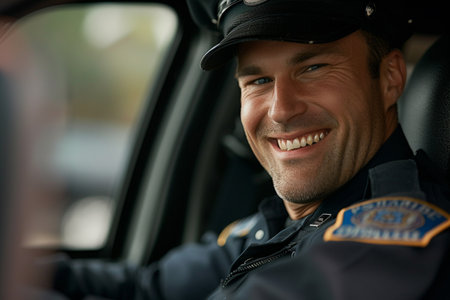 male police driving in the car bokeh style backgroundの素材