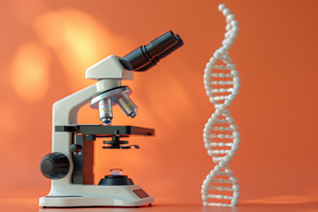 Microscope and DNA Strand in the concept of genetics or scientific researchの素材