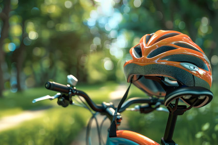 Helmet and Bicycle in the concept of riding bikes in the parkの素材