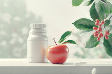 Medicine Bottle and Apple in the concept of health and wellnessの素材