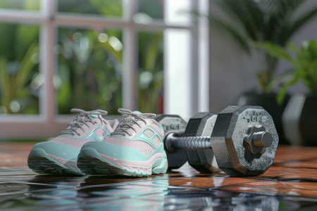 Dumbbell and Running Shoes in the concept of fitness and exercise.の素材