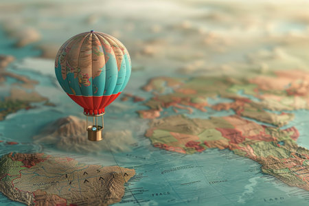 Hot Air Balloon and Map in the concept of travel and wanderlustの素材