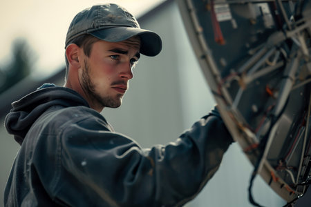 A satellite dish repair technician fixing a satellite dish showcasing satellite dish repair expertiseの素材