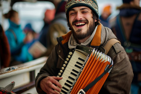 A sailor joyfully playing an accordion or guitar while singing sea shanties with fellow crew members fostering morale and camaraderie onboardの素材