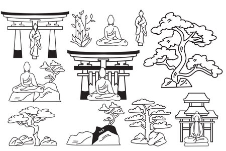 Hand Drawn Japanese and Chinese style pavilions or pagodas in flat style isolated on backgroundのイラスト素材