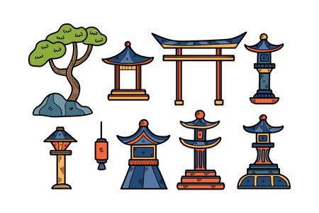 Hand Drawn Japanese and Chinese style pavilions or pagodas in flat style isolated on backgroundのイラスト素材