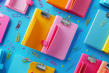 File Folders and Paper Clips Showcasing organized file folders with paper clips and other stationery accessoriesの素材