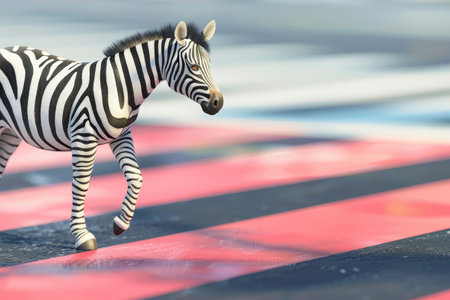 A zebra is walking across a road. The zebra is the main focus of the image, and the colors of the background create a vibrant and lively atmosphereの素材