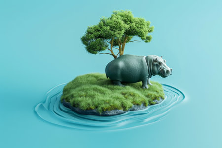 A large black and white hippo is standing in a field of flowers. The scene is peaceful and serene, with the hippo looking towards the cameraの素材