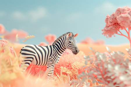 A zebra is standing in a field of pink flowers. The zebra is the main focus of the image, and the pink flowers create a soft and peaceful mood. The scene is reminiscent of a nature sceneの素材