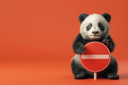 A panda bear is holding a red and white sign that says "Do Not Enter". The bear is sitting on a red background, which adds to the overall mood of the image. Concept of caution and warningの素材