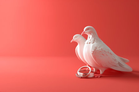 Two white birds standing on a red background with a ring on one of them. The ring is on the bird's footの素材
