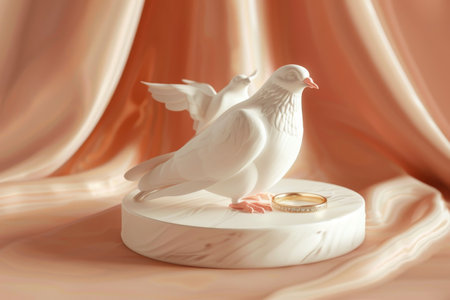 A white dove sits on a pedestal with a gold ring on its foot. The scene is set against a pink background, creating a romantic and elegant atmosphere. The dove and ring symbolize love and commitmentの素材