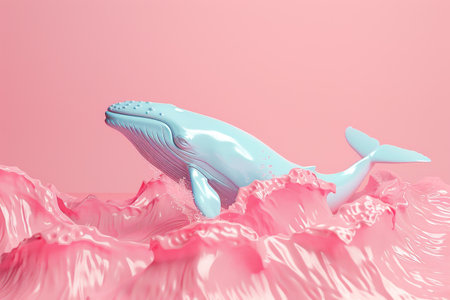 A blue whale is swimming in pink waterの素材
