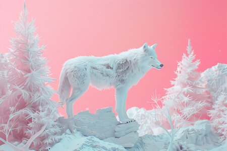 A white wolf is standing on a rock in front of a full moon. The image has a serene and peaceful mood, as the wolf is alone and the moon is shining brightly in the backgroundの素材