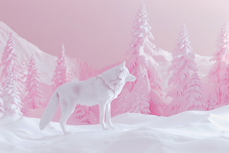 A white wolf is standing on a rock in front of a full moon. The image has a serene and peaceful mood, as the wolf is alone and the moon is shining brightly in the backgroundの素材