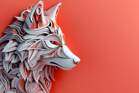 A white wolf with a red background. The wolf is looking at the camera with a fierce expressionの素材