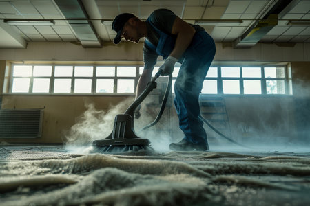 A man in a blue jumpsuit is cleaning a floor with a steam cleanerの素材