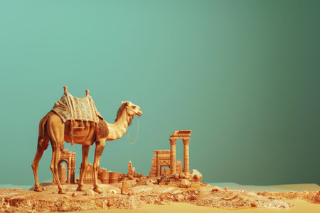 A camel is standing in the desert with a blue sky in the background. The scene is peaceful and serene, with the camel being the main focus of the imageの素材