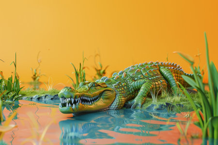 A crocodile is laying on a patch of grass in a pond. The scene is peaceful and serene, with the water reflecting the surrounding greeneryの素材