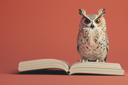 A brown owl is sitting on top of book. The owl has yellow eyes and is looking at the camera. The scene is set against a bright orange background, which creates a warm and inviting atmosphereの素材