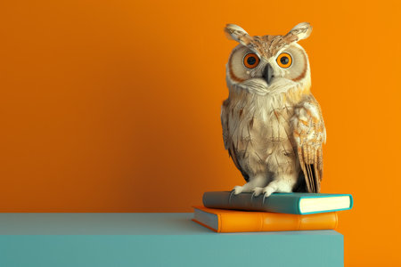 A brown owl is sitting on top of two books. The owl has yellow eyes and is looking at the camera. The scene is set against a bright orange background, which creates a warm and inviting atmosphereの素材