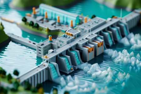 A large dam with a water flow of water. The dam is white and blueの素材