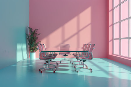 A pink room with a glass table and chairs. The chairs are arranged in a semi circle around the tableの素材