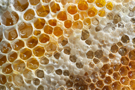 A close up of a honeycomb with a lot of honey oozing out of it. The honeycomb is made up of hexagonal cells, and the honey is spread out in various directionsの素材
