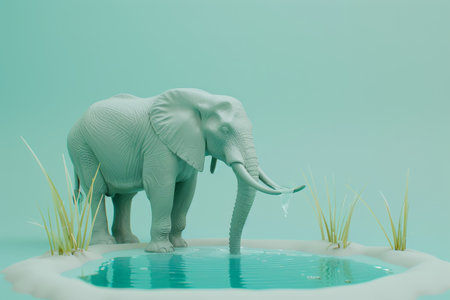 A grey elephant is standing in a body of water, drinking from it. The scene is peaceful and serene, with the elephant being the main focus of the imageの素材