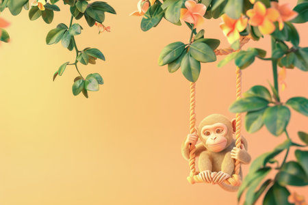 A monkey is swinging on a rope in a tree. The scene is bright and cheerful, with the monkey's playful nature and the vibrant colors of the leaves and flowers. Concept of joy and freedomの素材