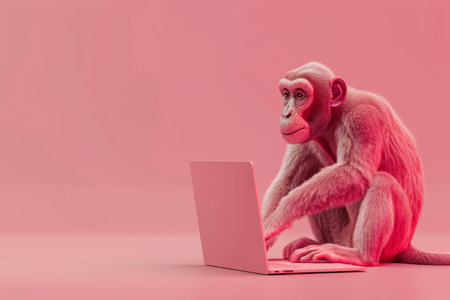 A monkey is sitting on a laptop computer. The monkey is looking at the screen, and the laptop is open. Concept of curiosity and intelligenceの素材