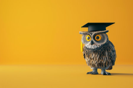 A cartoon owl wearing a red graduation cap and gown stands on a green surface. The owl's expression is serious, and it is a symbol of education and learningの素材