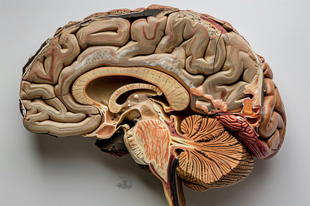A close up of a brain with the top of the brain showing the cerebellum. The brain is cut open and the insides are visibleの素材