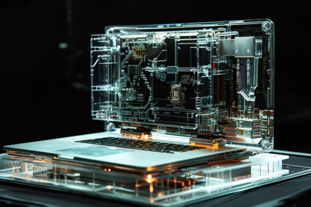 A laptop is opened up and the inside is shown. The laptop is white and has a keyboard. The keyboard is black and has a few keys missingの素材