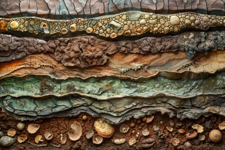 A dinosaur skeleton is shown in a rocky area with a lot of other bones scattered around. Concept of discovery and exploration, as if the viewer is uncovering the remains of a long-extinct creatureの素材