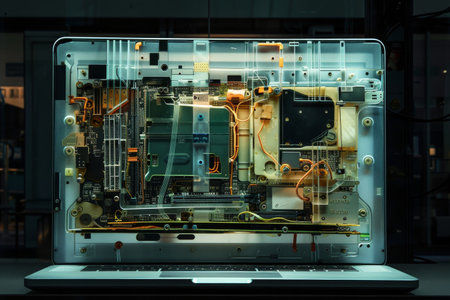 A laptop is opened up and the inside is shown. The laptop is white and has a keyboard. The keyboard is black and has a few keys missingの素材