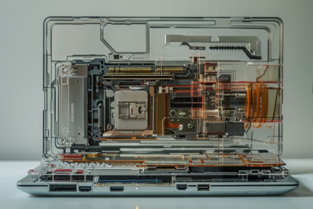 A laptop is opened up and the inside is shown. The laptop is white and has a keyboard. The keyboard is black and has a few keys missingの素材