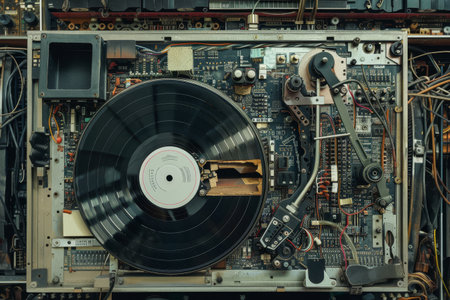 A vintage record player with a record on it. The record player is old and has a lot of wires and knobs. Scene is nostalgic and vintageの素材